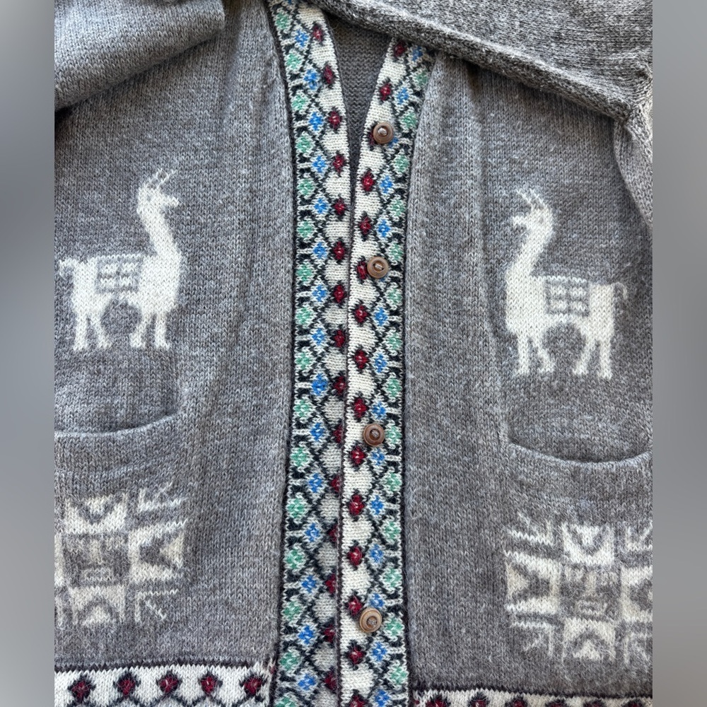 Vintage Alpaca Llama Cardigan Sweater Peruvian Aztec Boho Western Wool Blend M - Picture 11 of 12